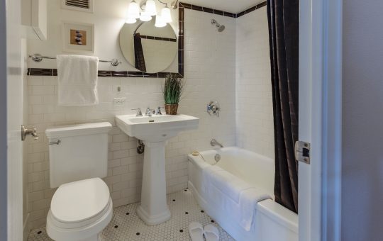 white ceramic toilet bowl beside pedestal sink